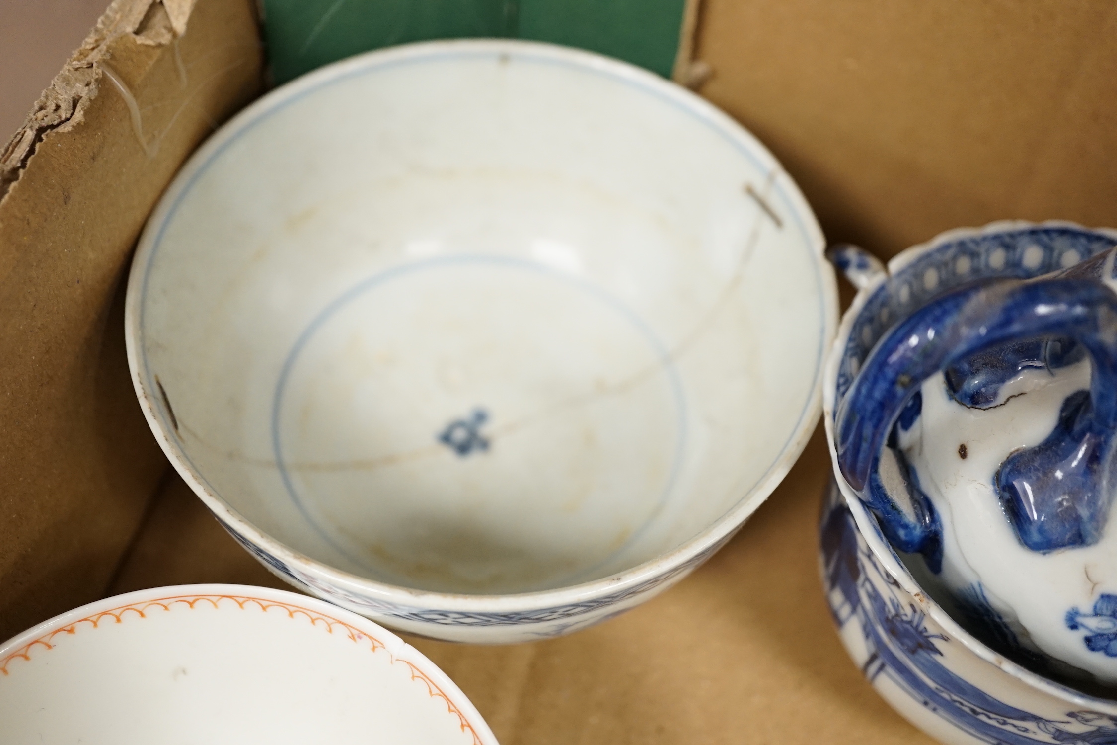 A collection of mostly Chinese blue and white bowls, plates, cups etc. 18th to early 20th century